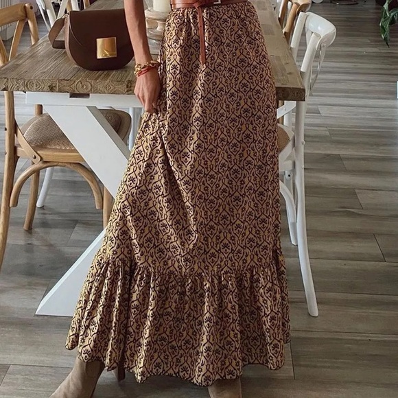 43 Brown Black Pattern Silky Soft Maxi Long Bohemian Boho Dress Short Sleeve - Picture 4 of 6